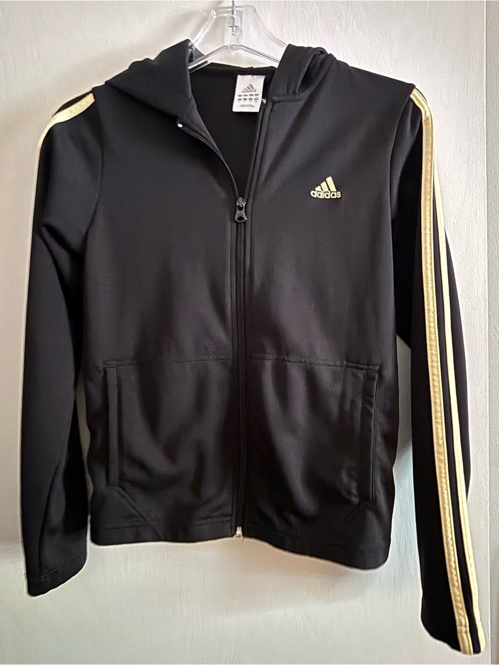 Adidas Black Zip-Up Hoodie with pale yellow Stripes